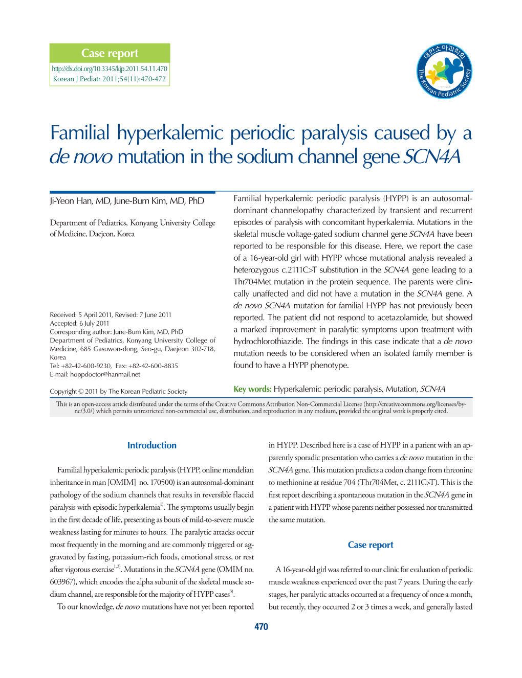 Familial Hyperkalemic Periodic Paralysis Caused by a De Novo Mutation in the Sodium Channel Gene SCN4A
