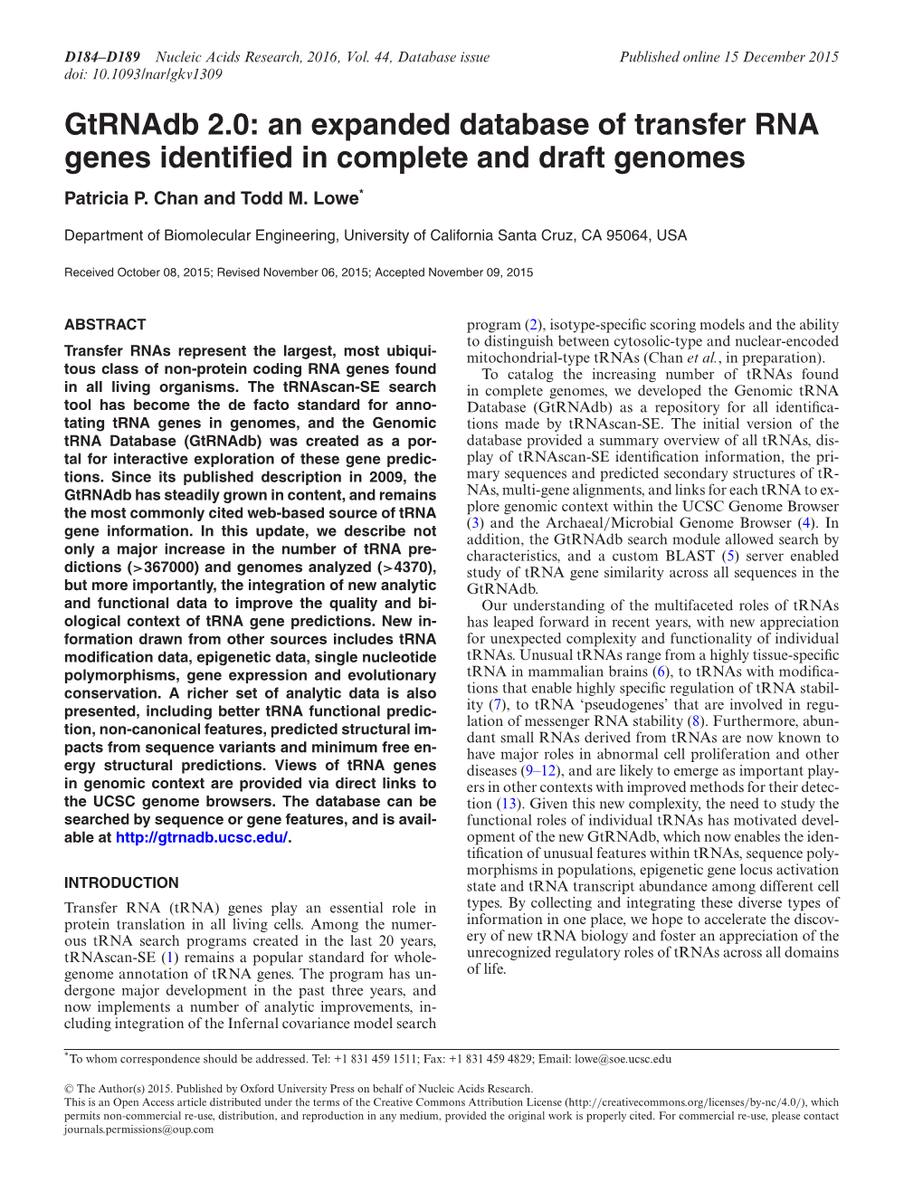 Gtrnadb 2.0: an Expanded Database of Transfer RNA Genes Identified in Complete and Draft Genomes