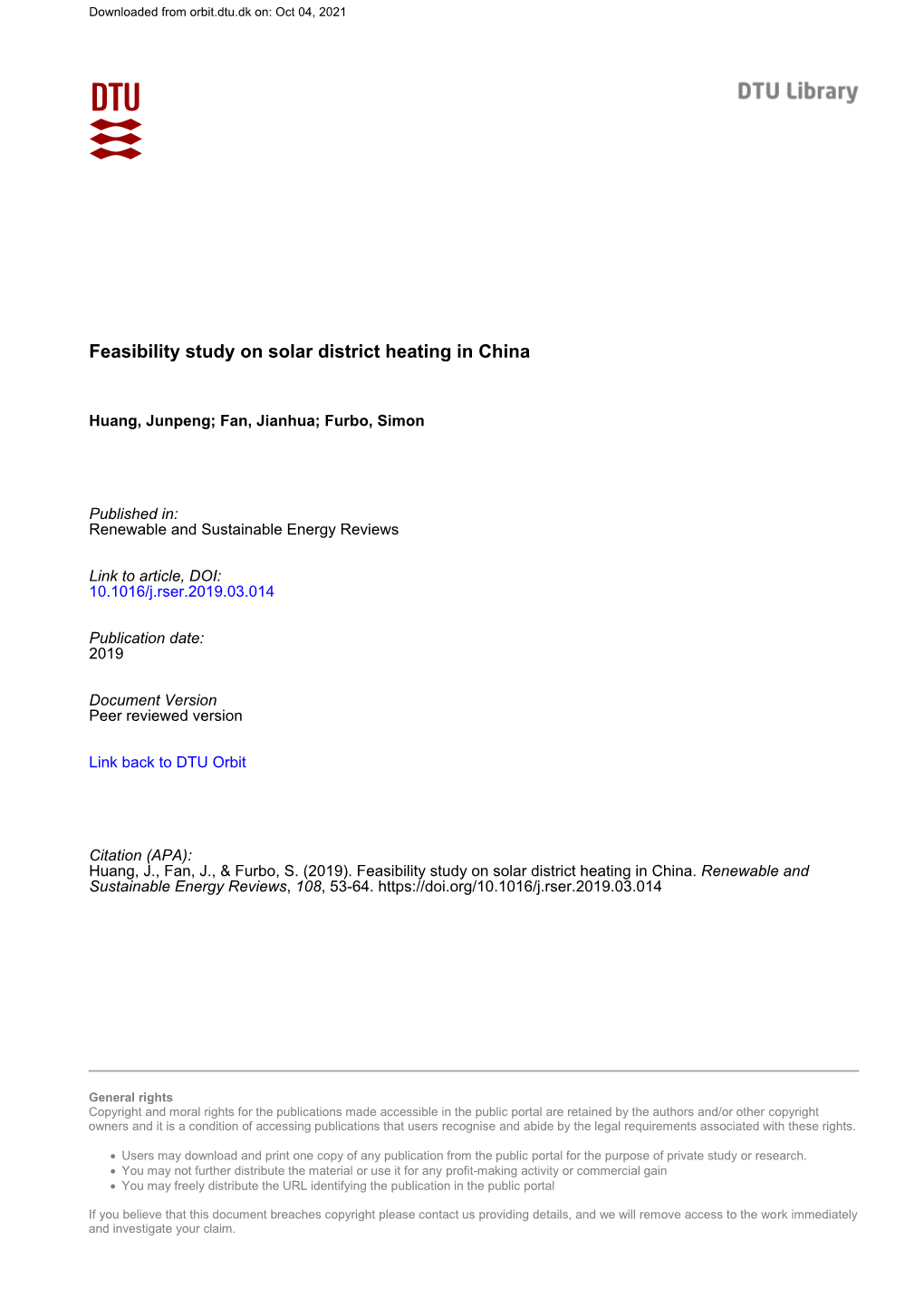 Feasibility Study on Solar District Heating in China