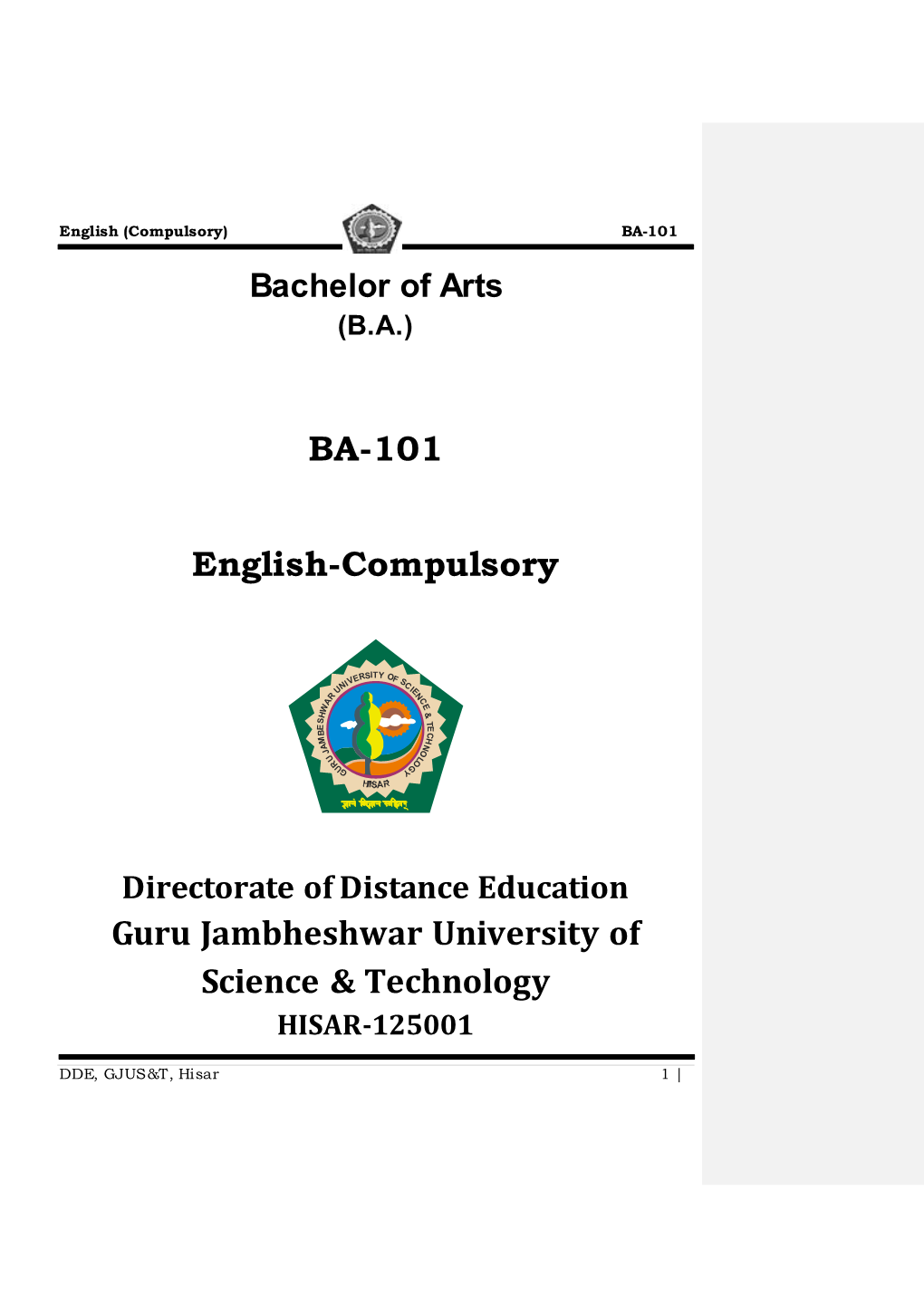 BA-101 English-Compulsory Guru Jambheshwar University of Science