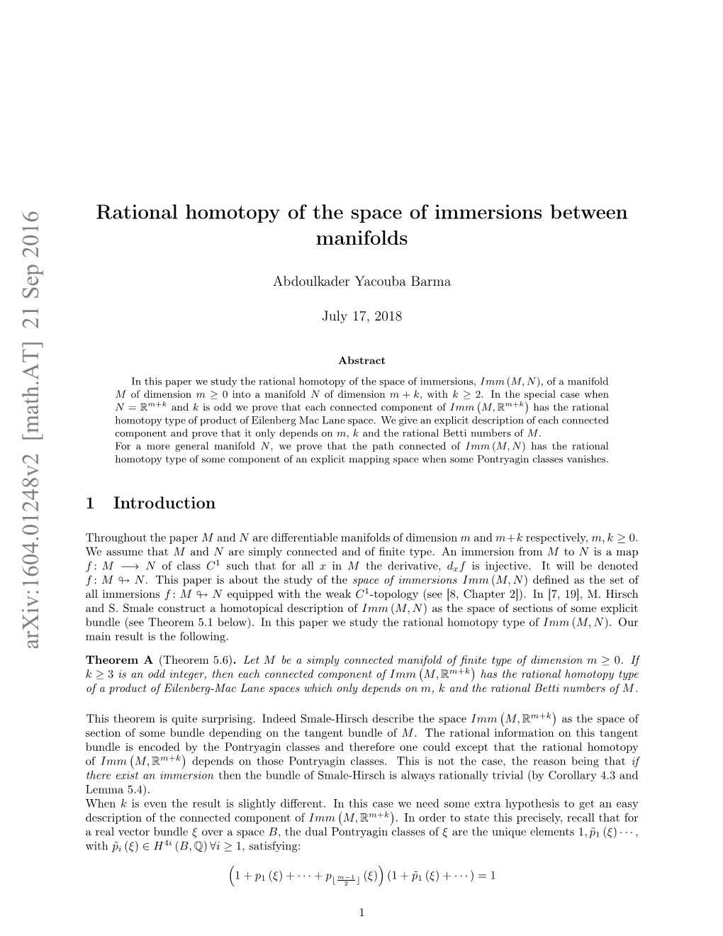Rational Homotopy of the Space of Immersions Between Manifolds