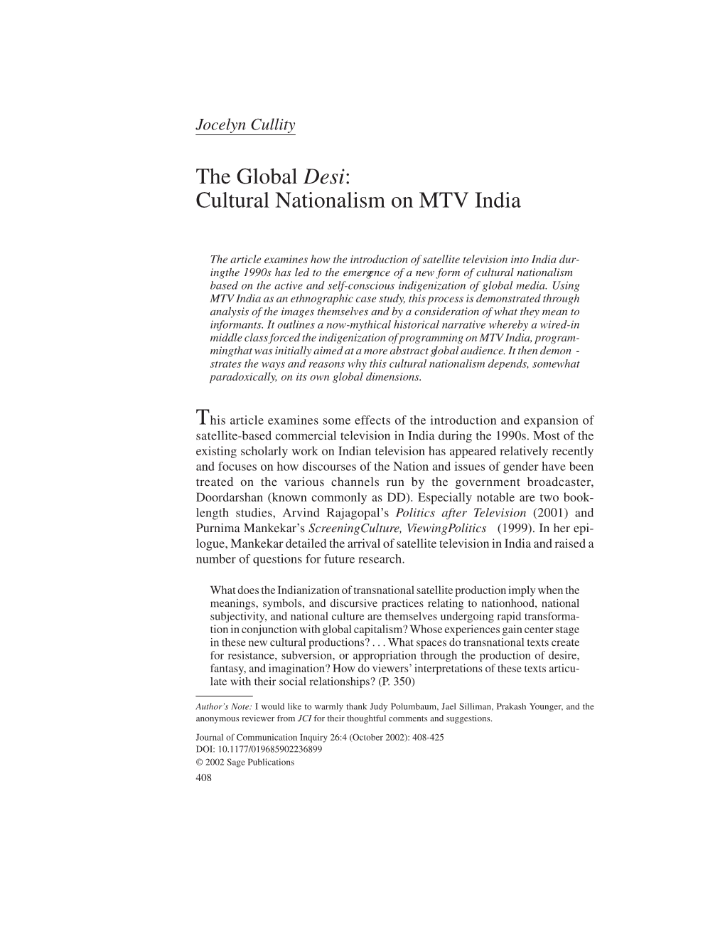 The Global Desi: Cultural Nationalism on MTV India