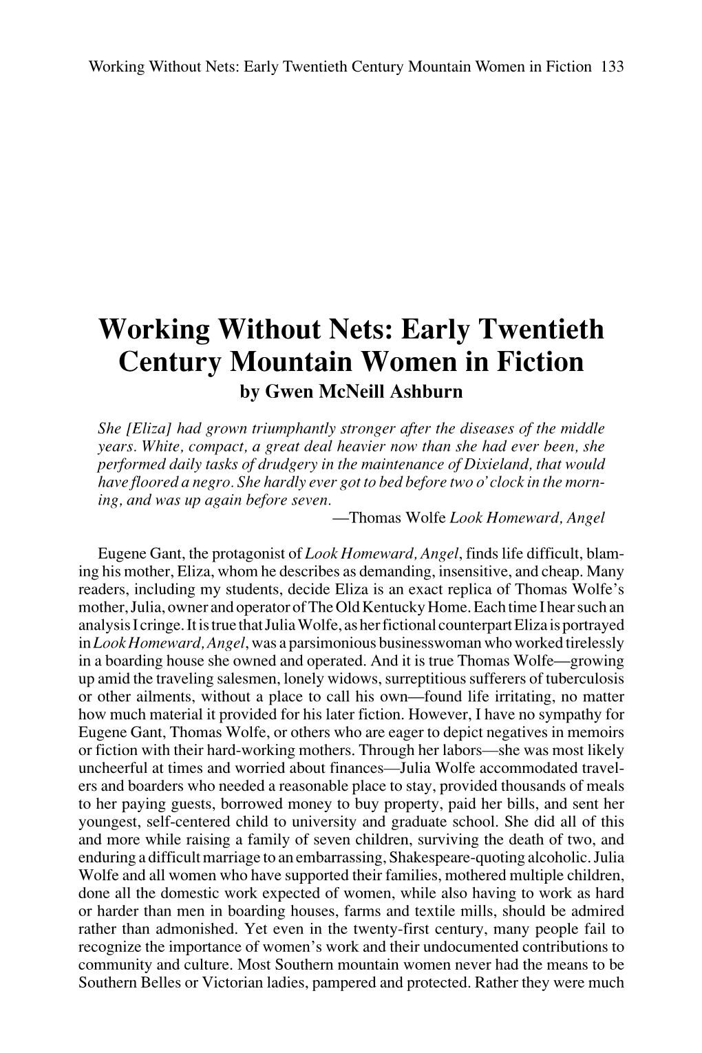 Working Without Nets: Early Twentieth Century Mountain Women in Fiction 133