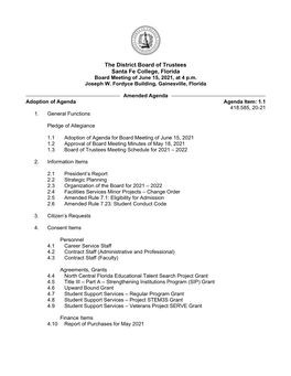 The District Board of Trustees Santa Fe College, Florida Board Meeting of June 15, 2021, at 4 P.M