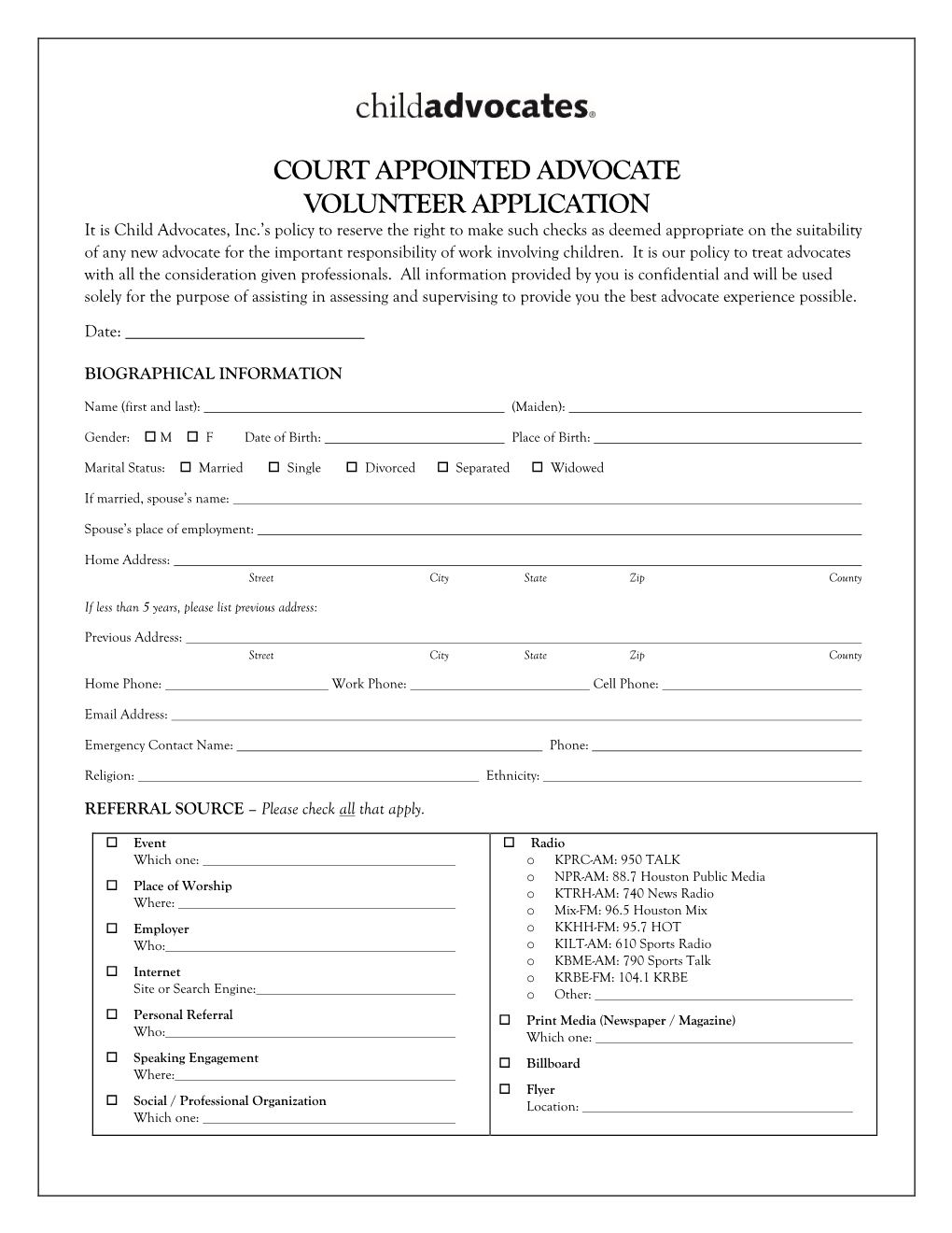 Court Appointed Advocate Volunteer Application