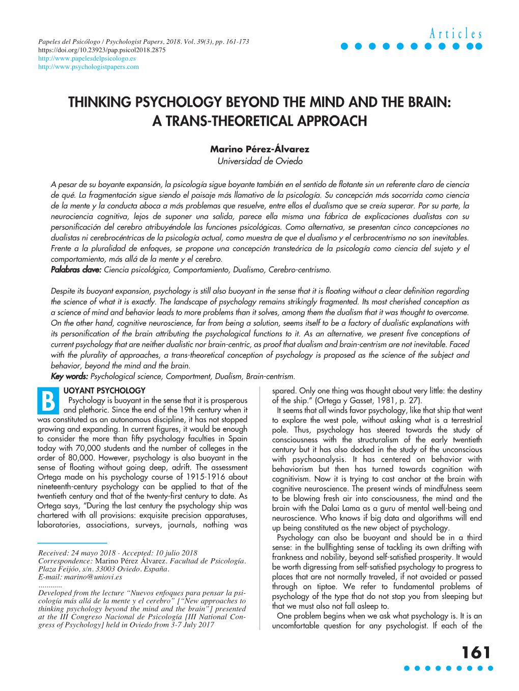 Thinking Psychology Beyond the Mind and the Brain: a Trans-Theoretical Approach