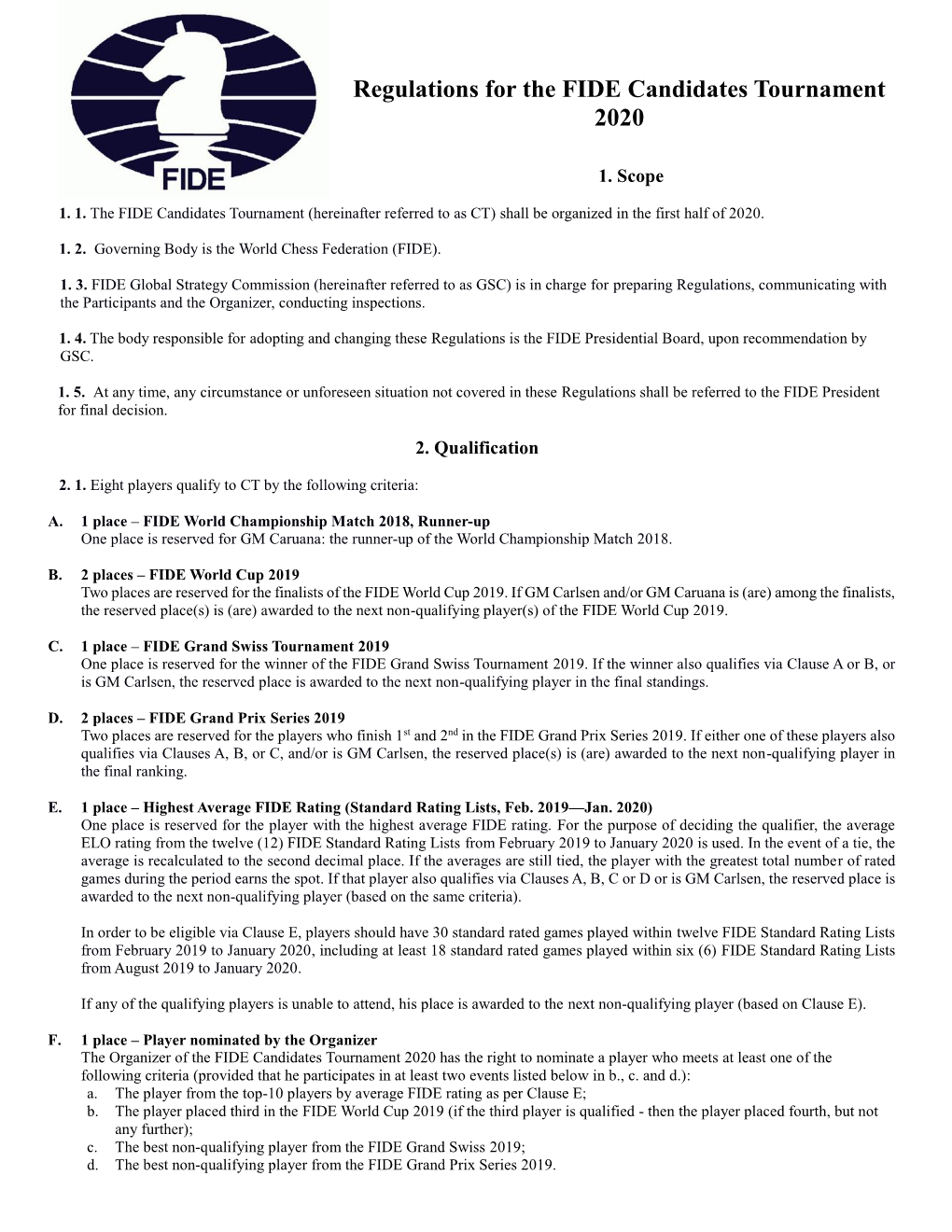 Regulations for the FIDE Candidates Tournament 2020