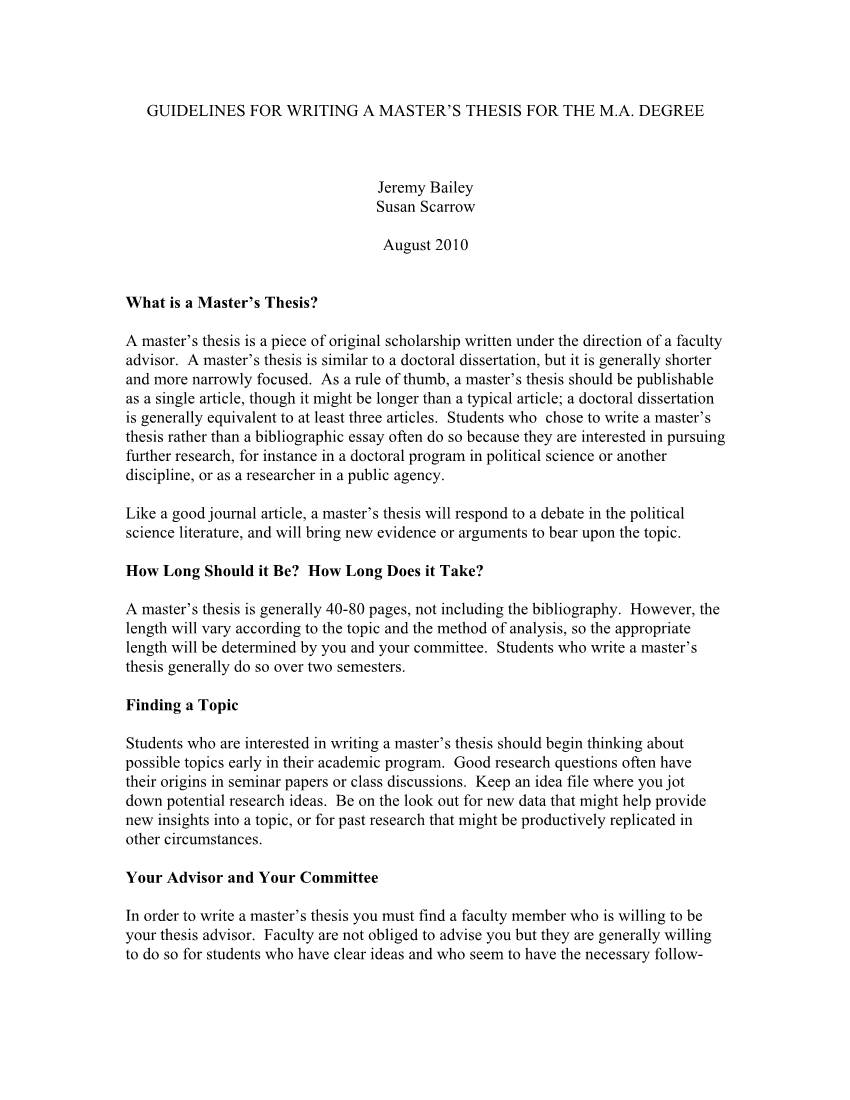 Guidelines for Writing a Master's Thesis for the M