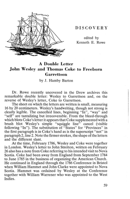 DISCOVERY a Double Letter John Wesley and Thomas Coke to Freeborn Garrettson