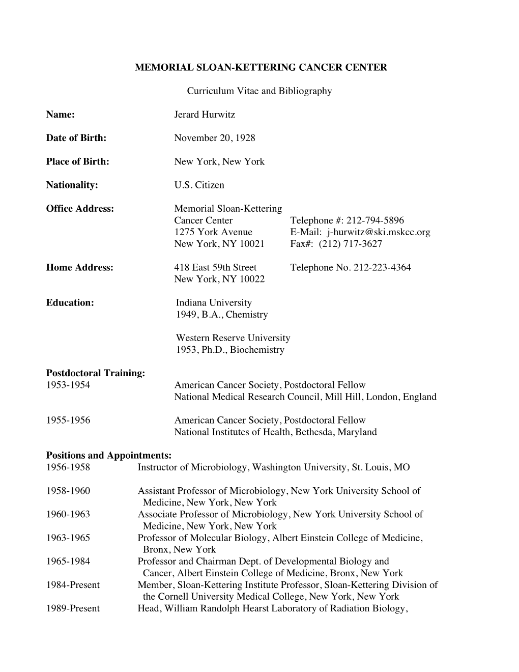 MEMORIAL SLOAN-KETTERING CANCER CENTER Curriculum