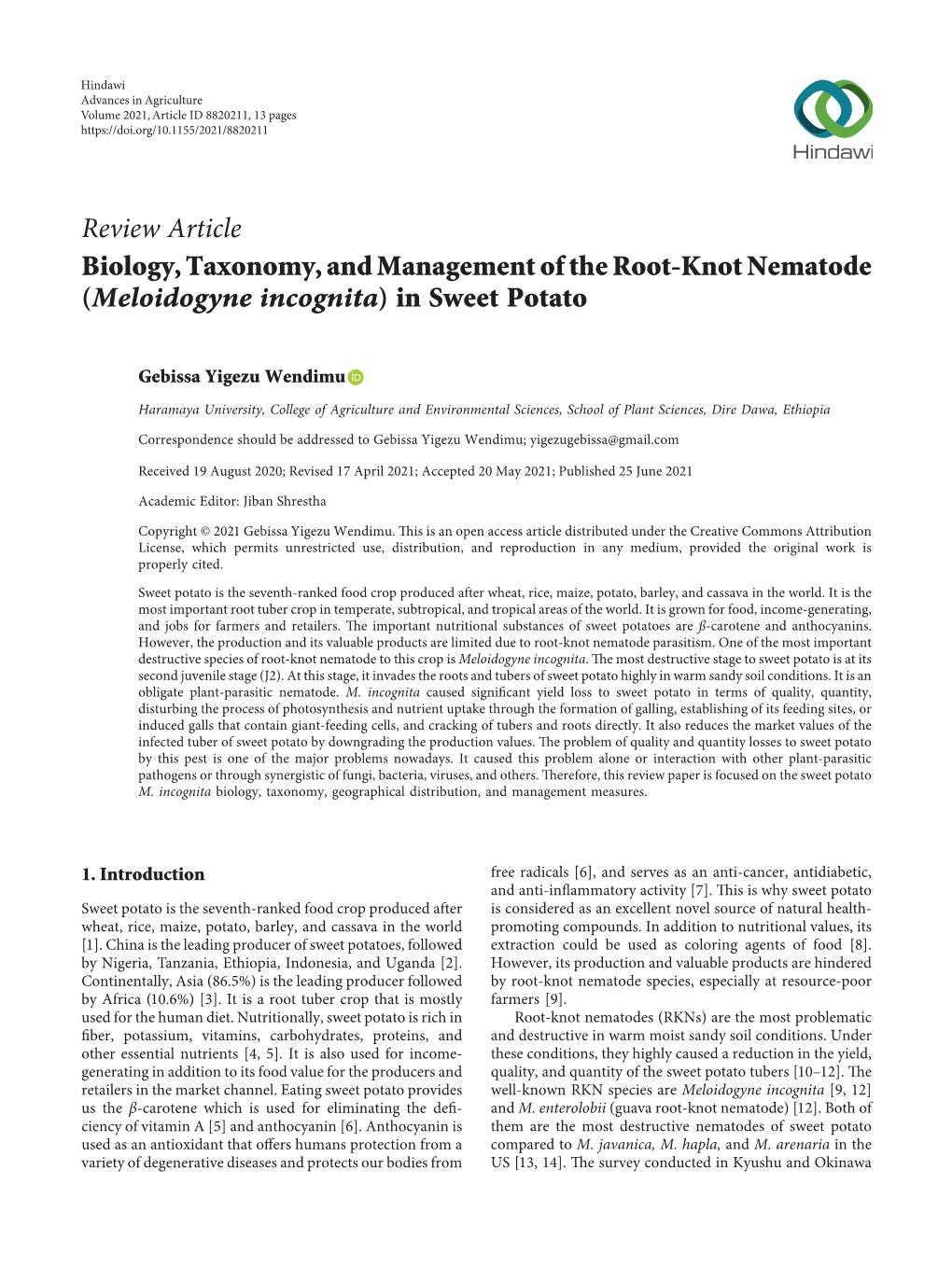 Biology, Taxonomy, and Management of the Root-Knot Nematode (Meloidogyne Incognita) in Sweet Potato