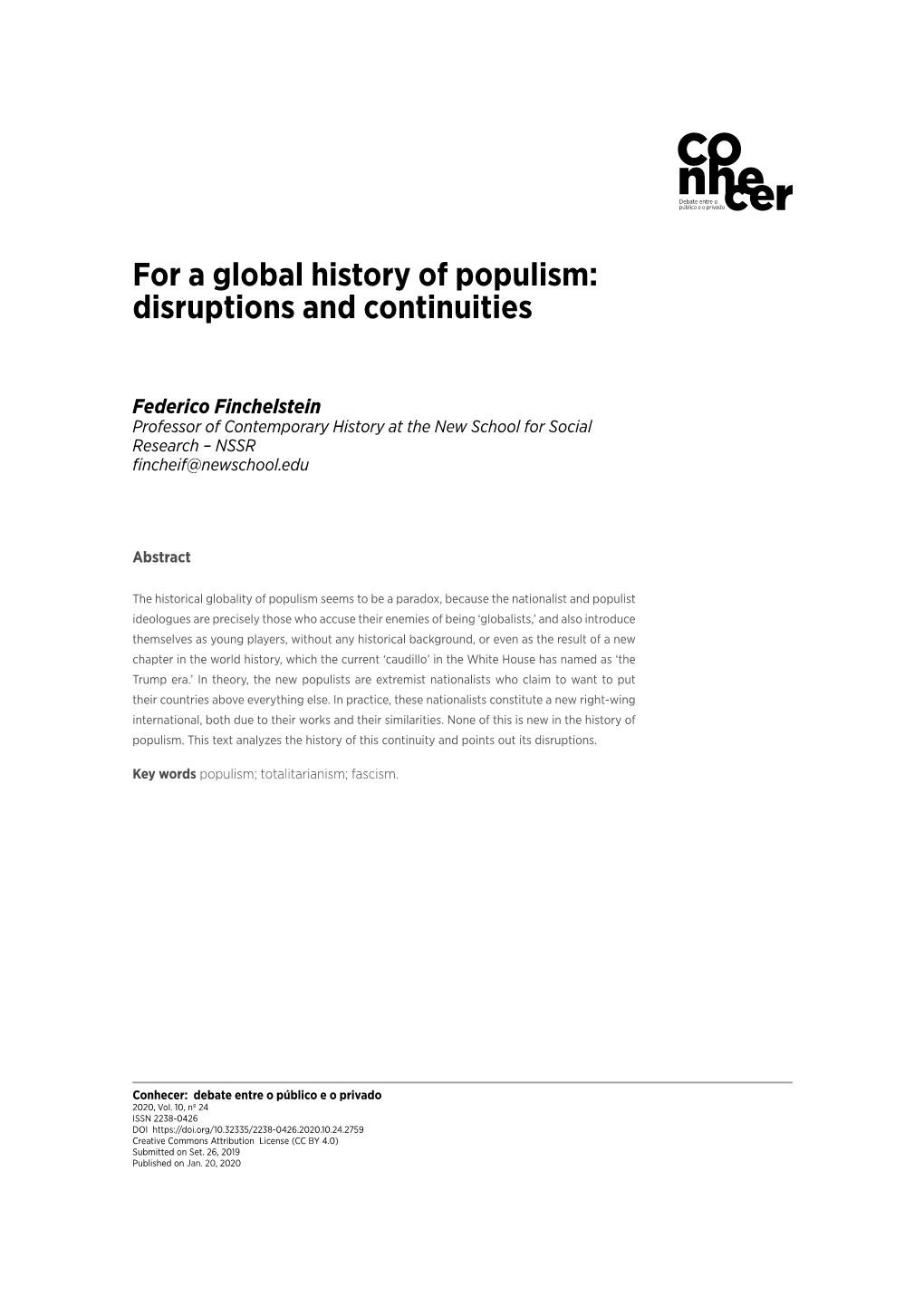 For a Global History of Populism: Disruptions and Continuities
