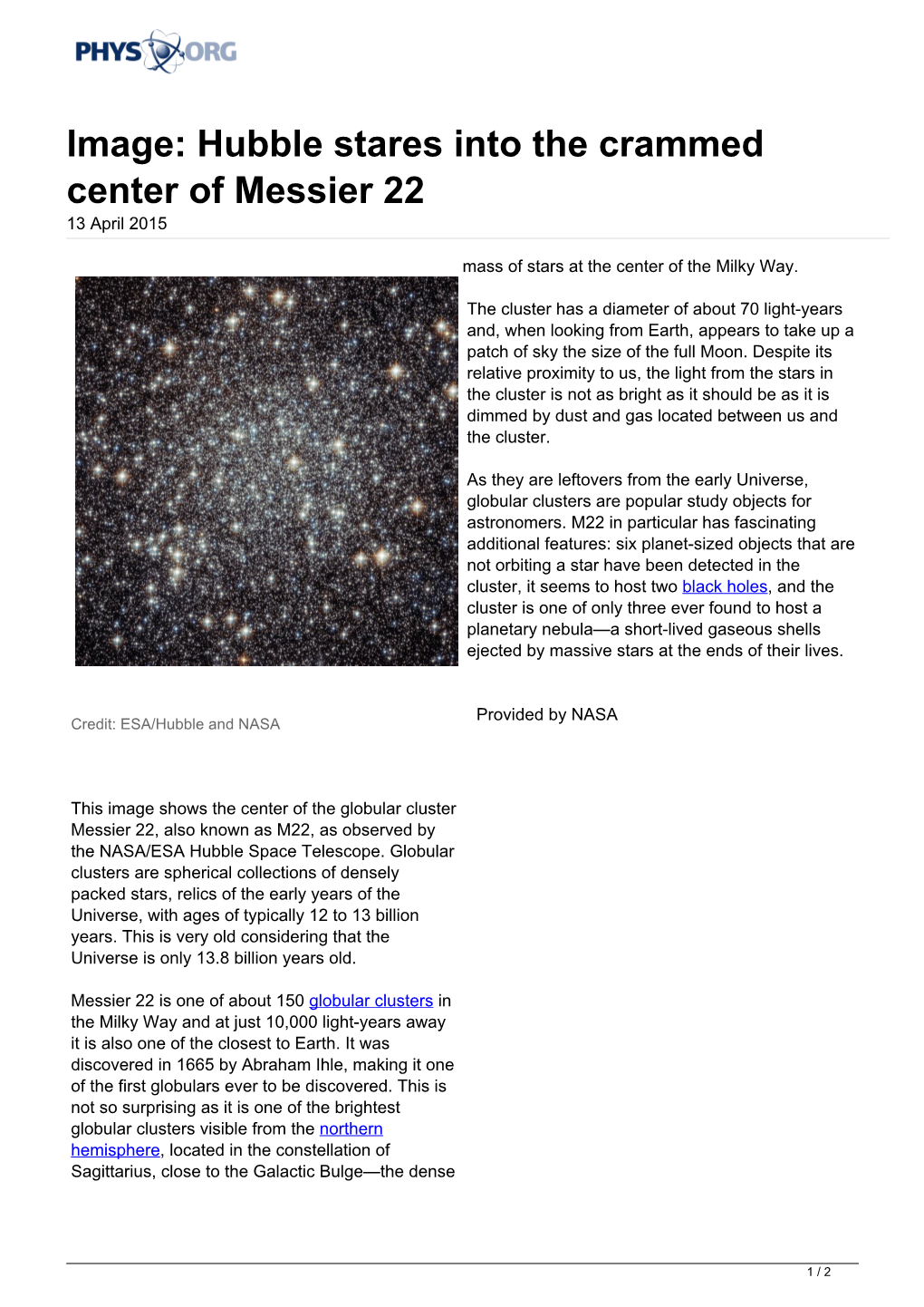 Hubble Stares Into the Crammed Center of Messier 22 13 April 2015