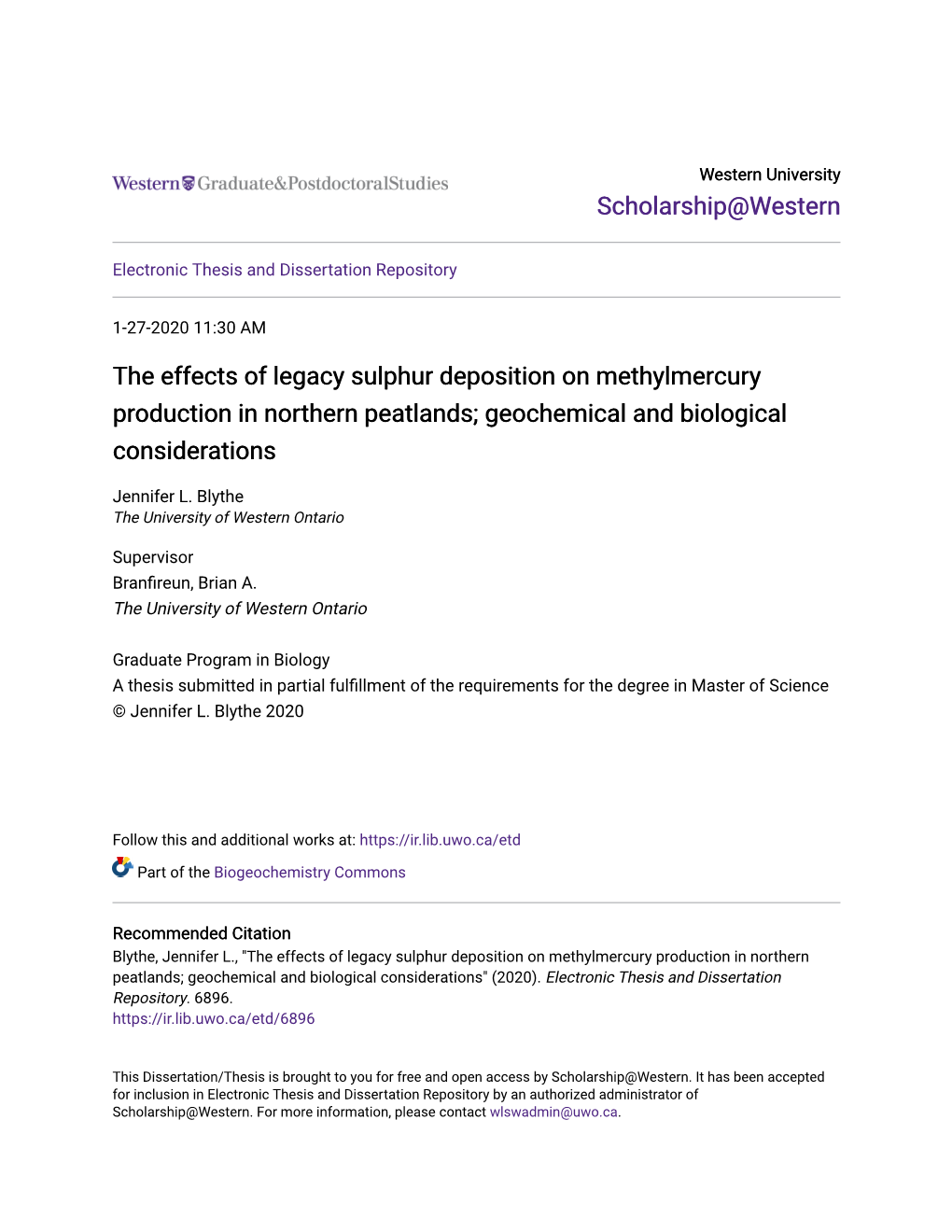 The Effects of Legacy Sulphur Deposition on Methylmercury Production in Northern Peatlands; Geochemical and Biological Considerations