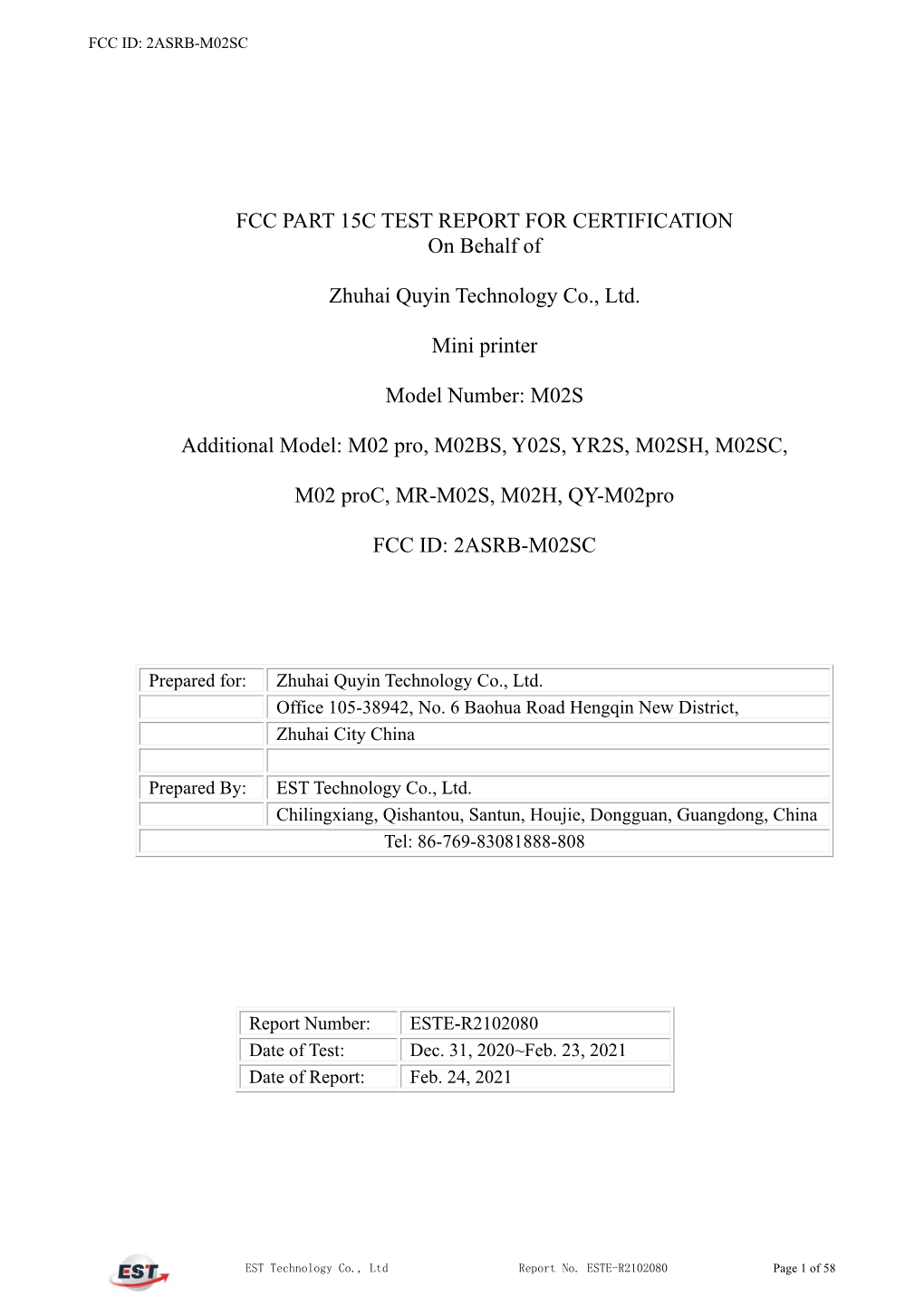 FCC PART 15C TEST REPORT for CERTIFICATION on Behalf Of