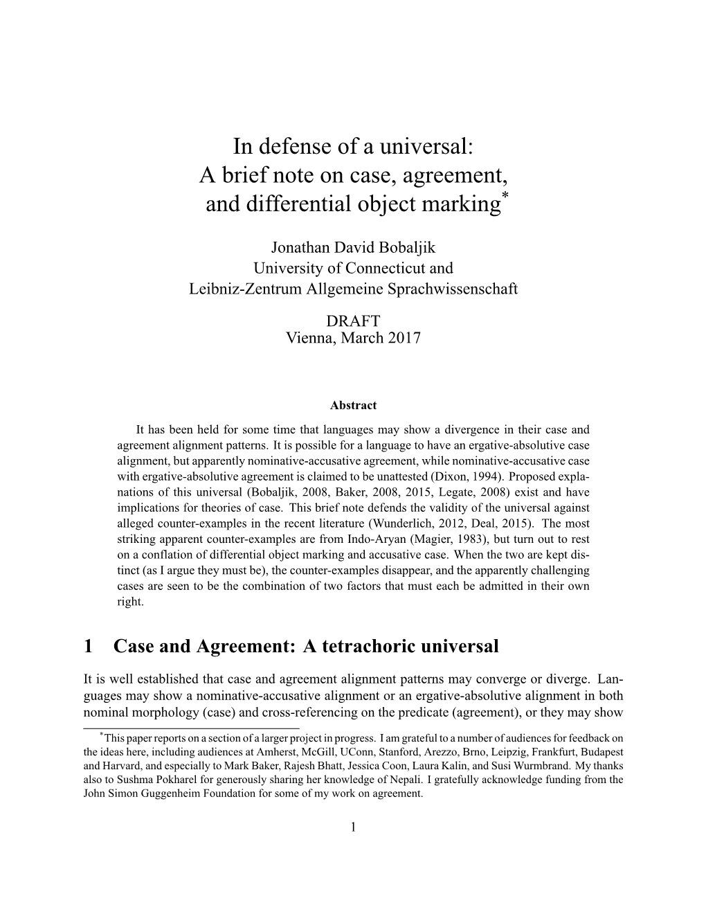 A Brief Note on Case, Agreement, and Differential Object Marking*