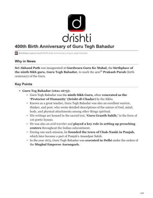 400Th Birth Anniversary of Guru Tegh Bahadur