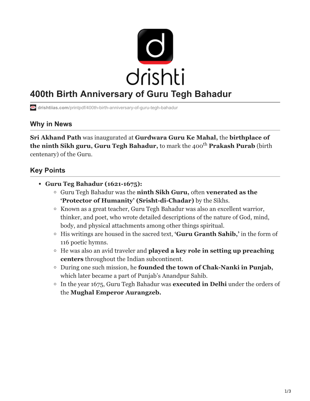 400Th Birth Anniversary of Guru Tegh Bahadur