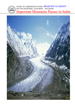 Important Mountain Passes in India BHARATH ACADEMY GUIDE to a BRIGHTER FUTURE 2 PSC,SSC,BANK,RRB...COACHING 9037284440 Important Mountain Passes in India