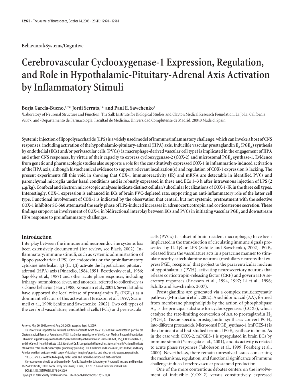 Cerebrovascular Cyclooxygenase-1 Expression, Regulation, and Role in Hypothalamic-Pituitary-Adrenal Axis Activation by Inflammatory Stimuli