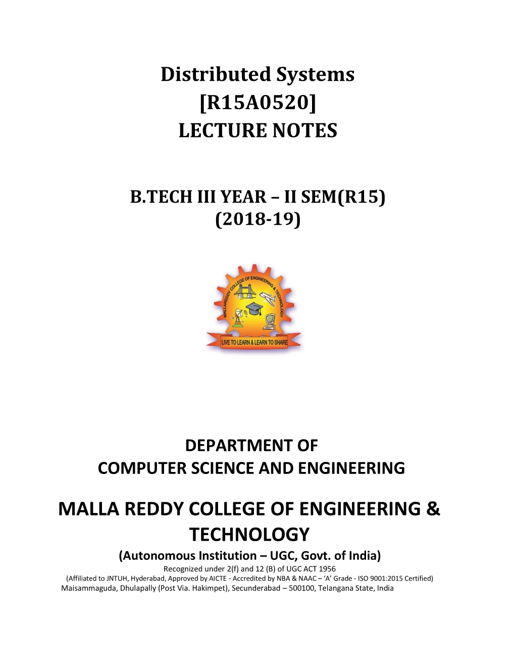 Distributed Systems [R15A0520] LECTURE NOTES