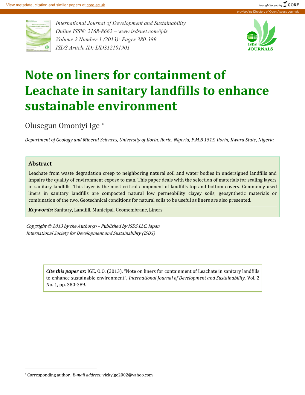 Note on Liners for Containment of Leachate in Sanitary Landfills to Enhance Sustainable Environment