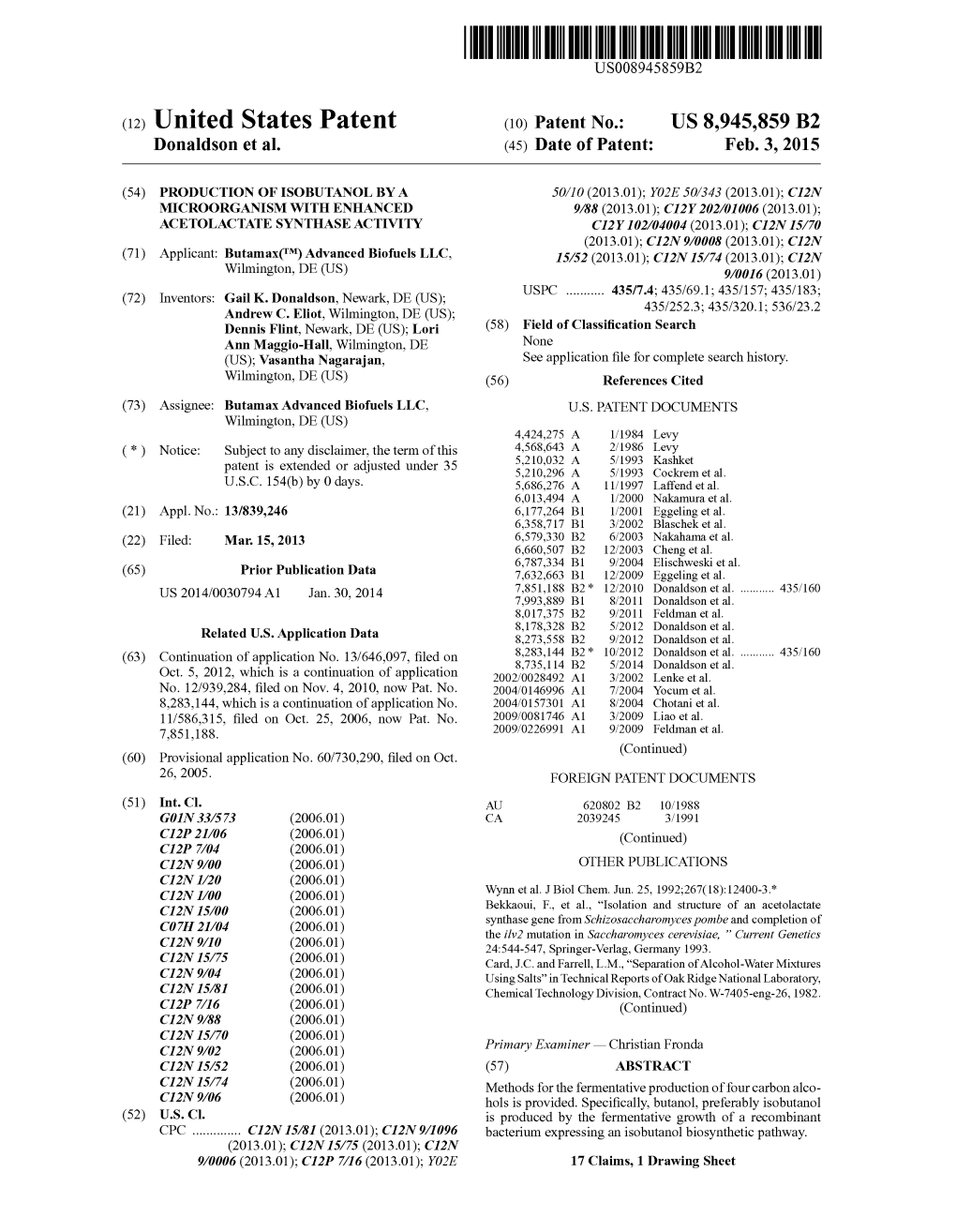 (12) United States Patent (10) Patent No.: US 8,945,859 B2 Donaldson Et Al