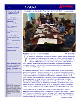 APSURA Newsletter of the Austin Peay State University Retirees Association Volume 9, No