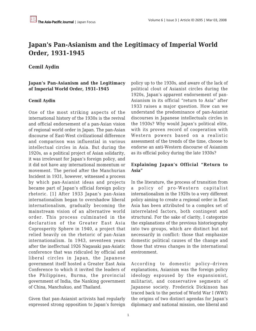 Japan's Pan-Asianism and the Legitimacy of Imperial World Order, 1931-1945