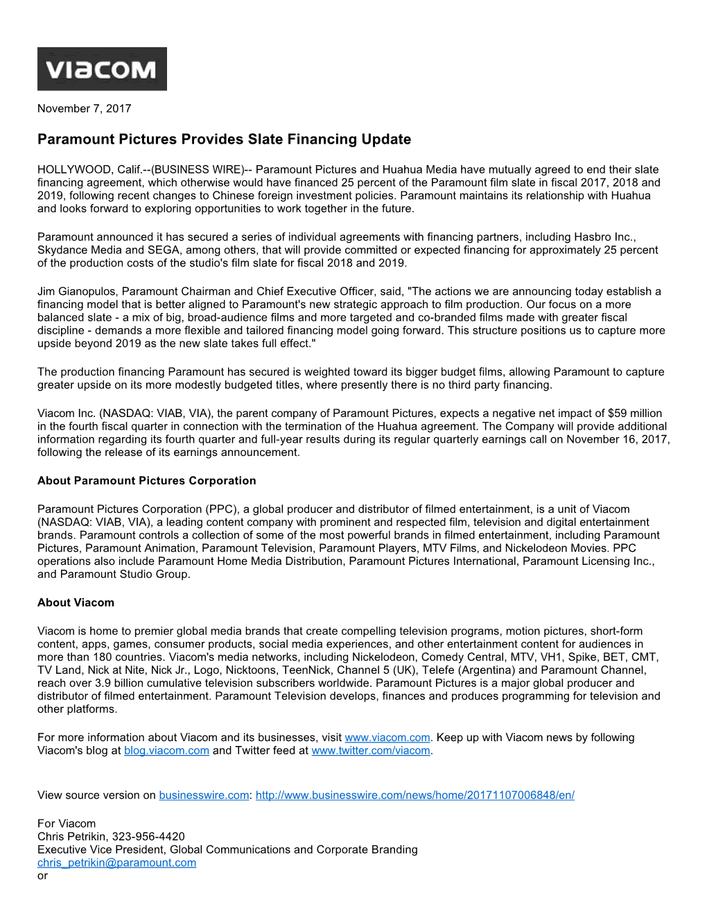 Paramount Pictures Provides Slate Financing Update