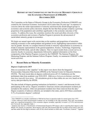 Report of the Committee on the Status of Minority Groups in the Economics Profession (Csmgep) December 2020
