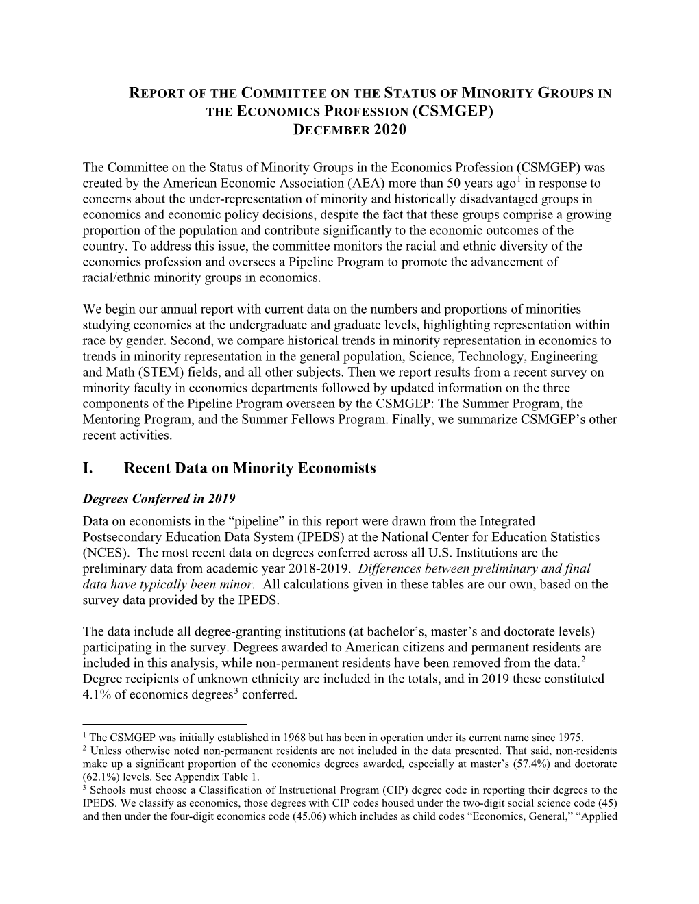Report of the Committee on the Status of Minority Groups in the Economics Profession (Csmgep) December 2020