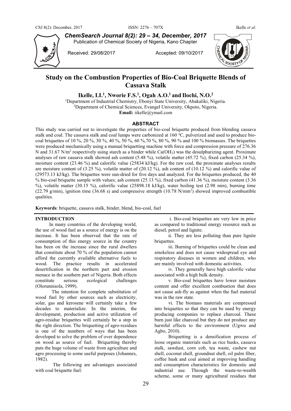 Study on the Combustion Properties of Bio-Coal Briquette Blends of Cassava Stalk