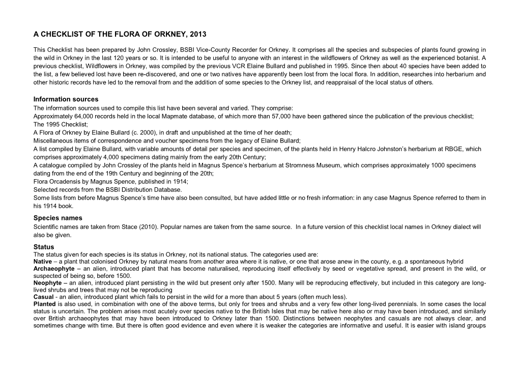 A Checklist of the Flora of Orkney, 2013