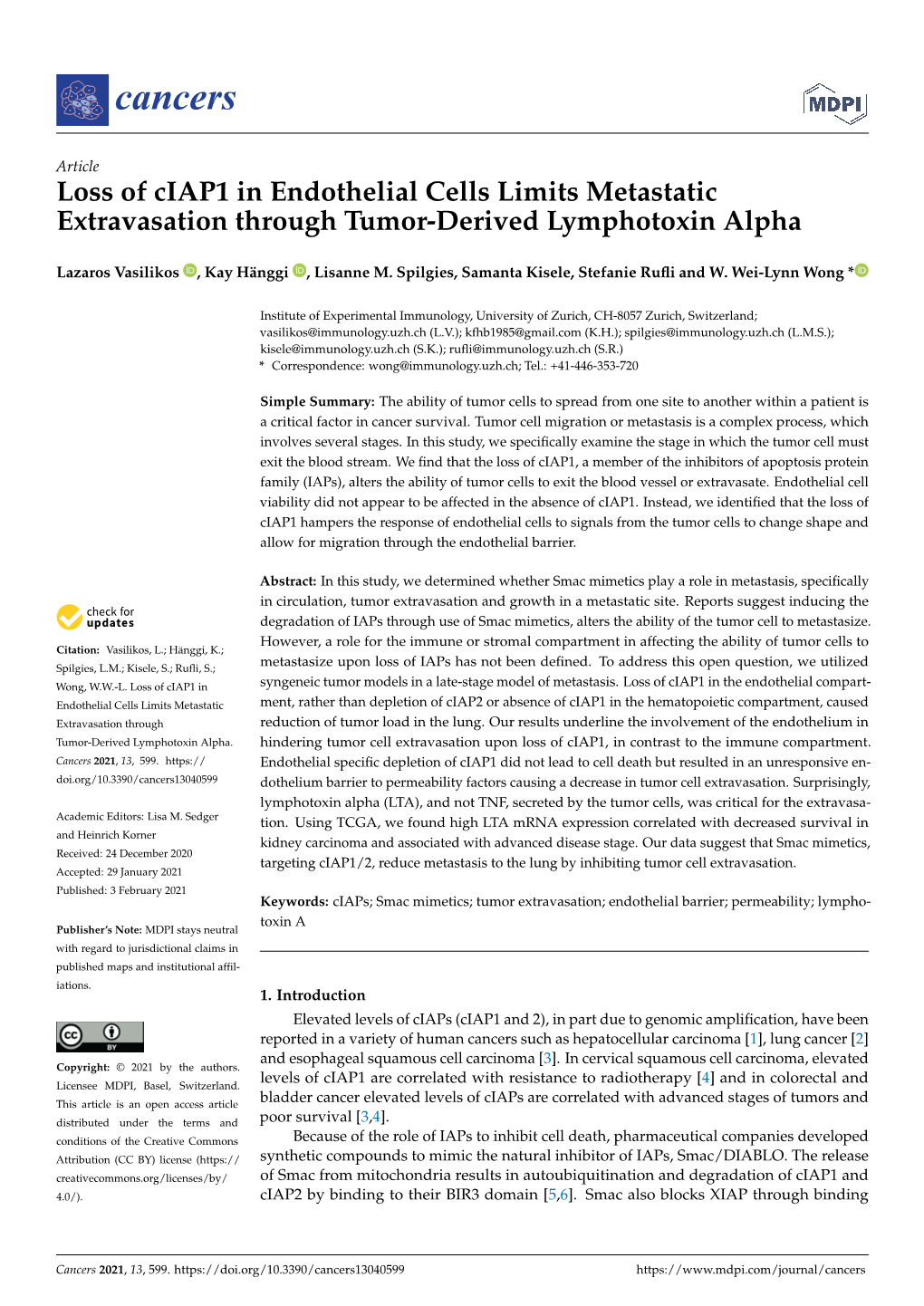 Loss of Ciap1 in Endothelial Cells Limits Metastatic Extravasation Through Tumor-Derived Lymphotoxin Alpha