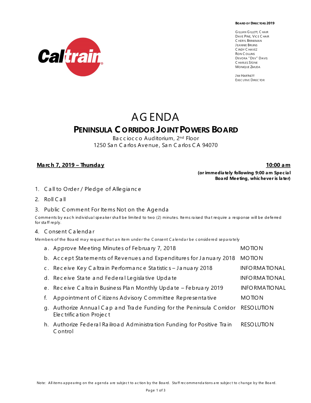 AGENDA PENINSULA CORRIDOR JOINT POWERS BOARD Bacciocco Auditorium, 2Nd Floor 1250 San Carlos Avenue, San Carlos CA 94070