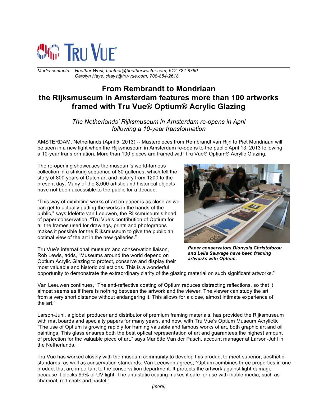 From Rembrandt to Mondriaan the Rijksmuseum in Amsterdam Features More Than 100 Artworks Framed with Tru Vue® Optium® Acrylic Glazing