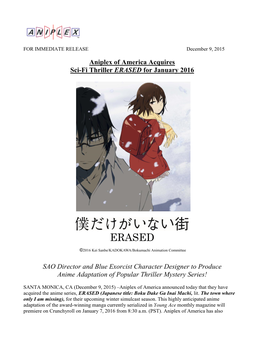 Aniplex of America Acquires Sci-Fi Thriller ERASED for January 2016