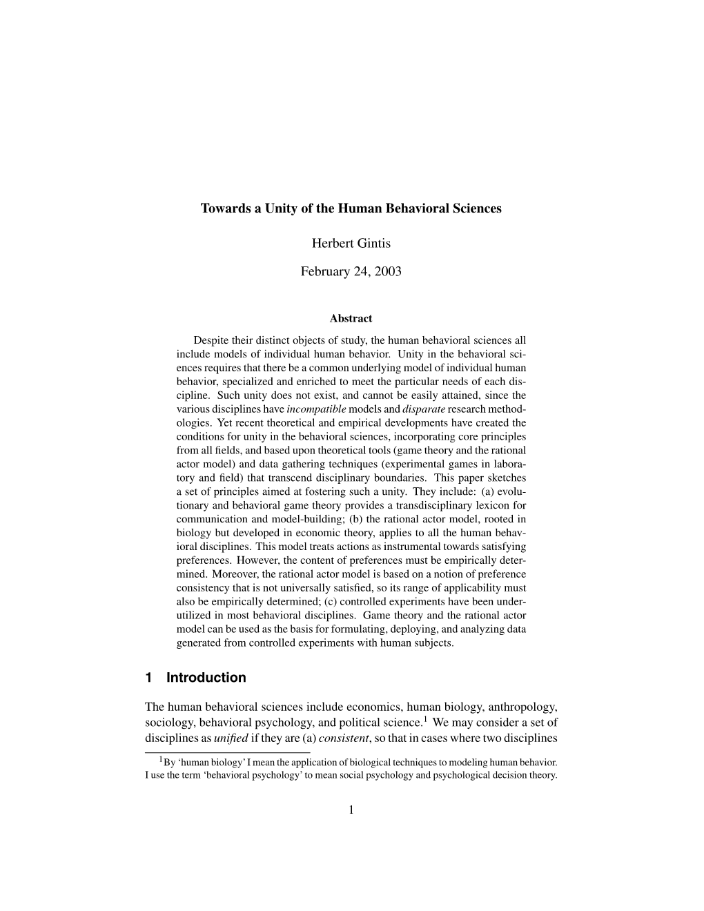 Towards a Unity of the Human Behavioral Sciences Herbert Gintis