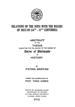 Relations of the Sufis with the Rulers of Deccan (14^" -17^" Centuries)