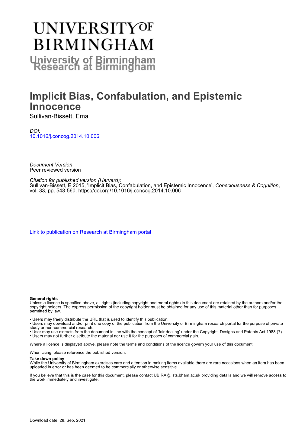 Sullivan-Bissett, Ema. Implicit Bias, Confabulation, and Epistemic