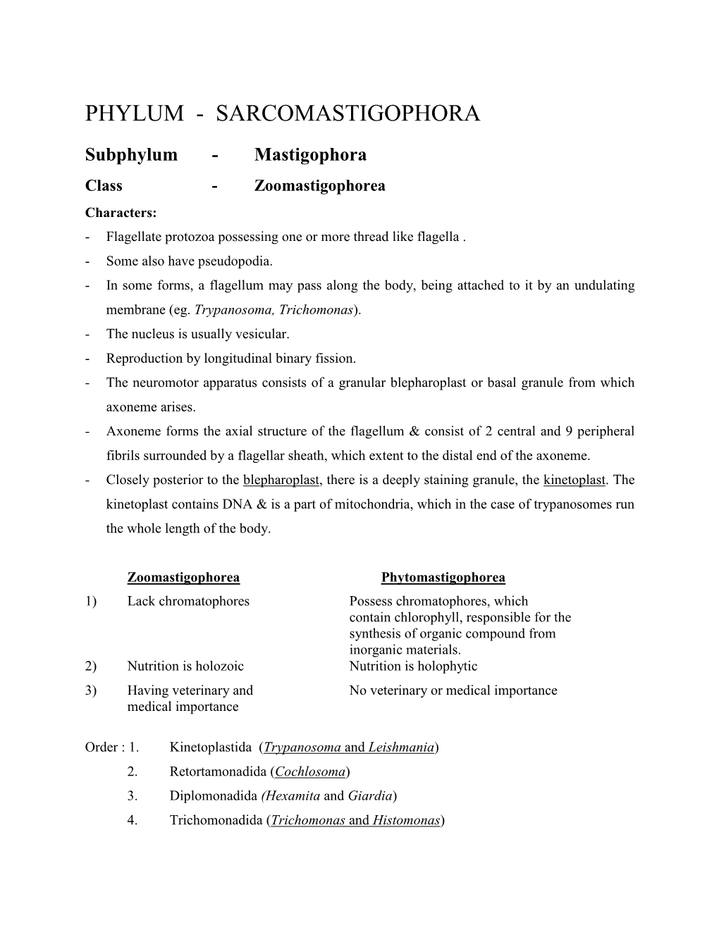 Phylum - Sarcomastigophora