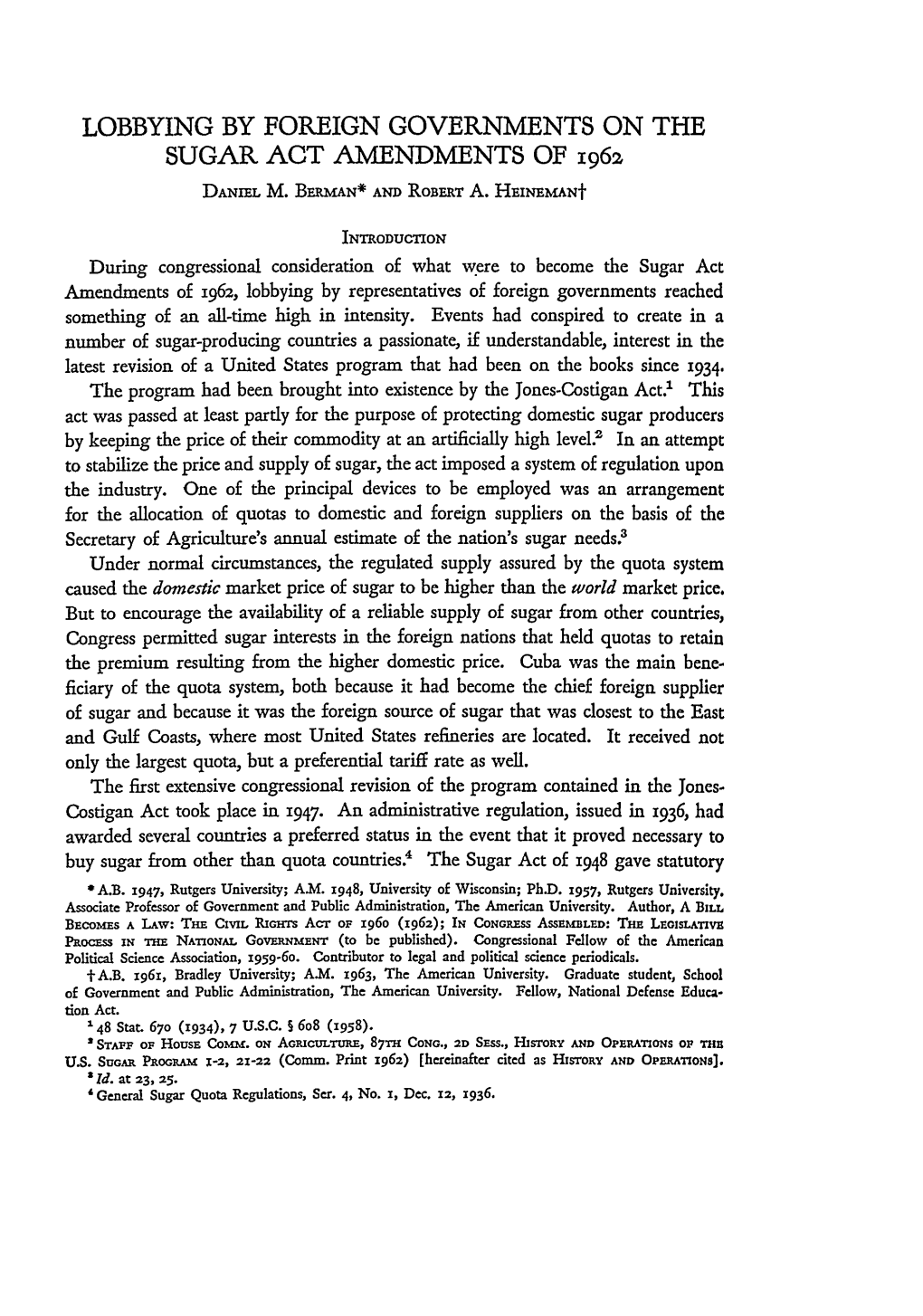 Lobbying by Foreign Governments on the Sugar Act Amendments of 1962