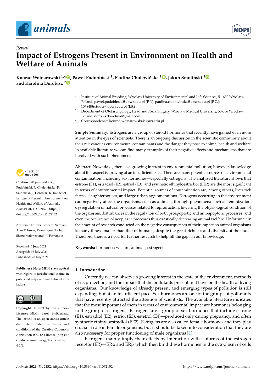 Impact of Estrogens Present in Environment on Health and Welfare of Animals