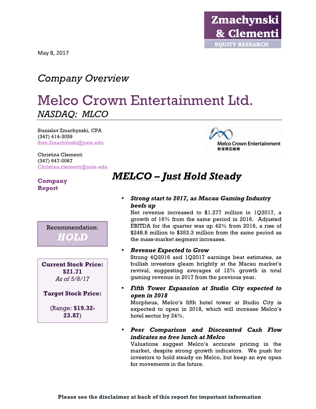 Melco Crown Entertainment Ltd. NASDAQ: MLCO