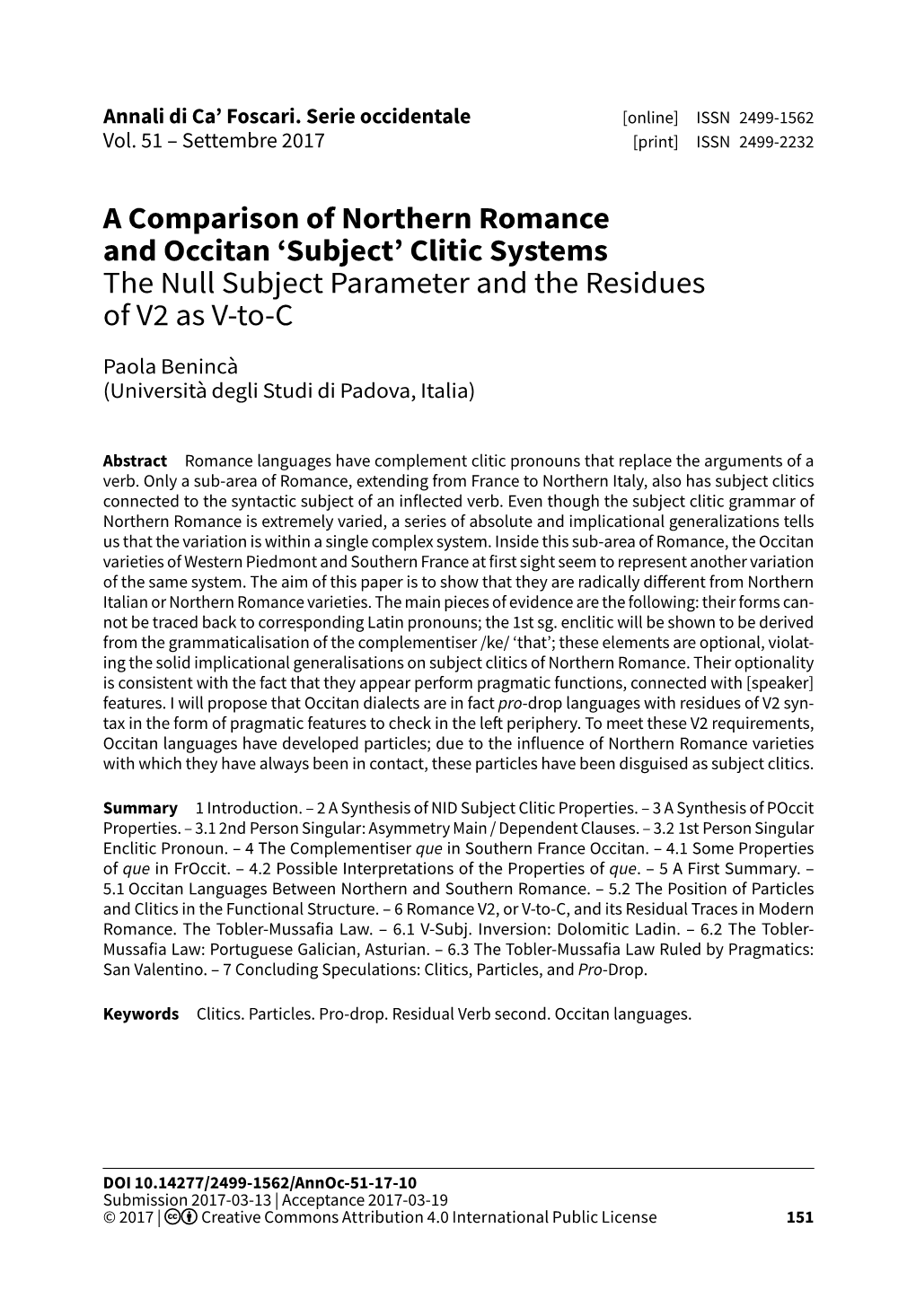 A Comparison of Northern Romance and Occitan 'Subject' Clitic Systems