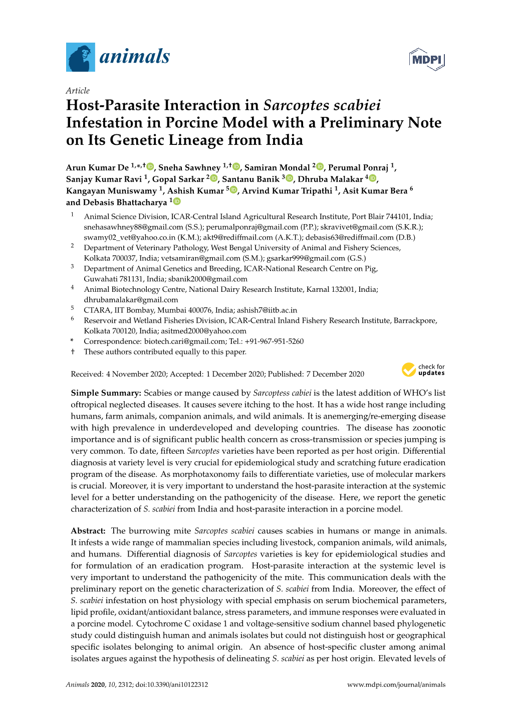 Host-Parasite Interaction in Sarcoptes Scabiei Infestation in Porcine Model with a Preliminary Note on Its Genetic Lineage from India