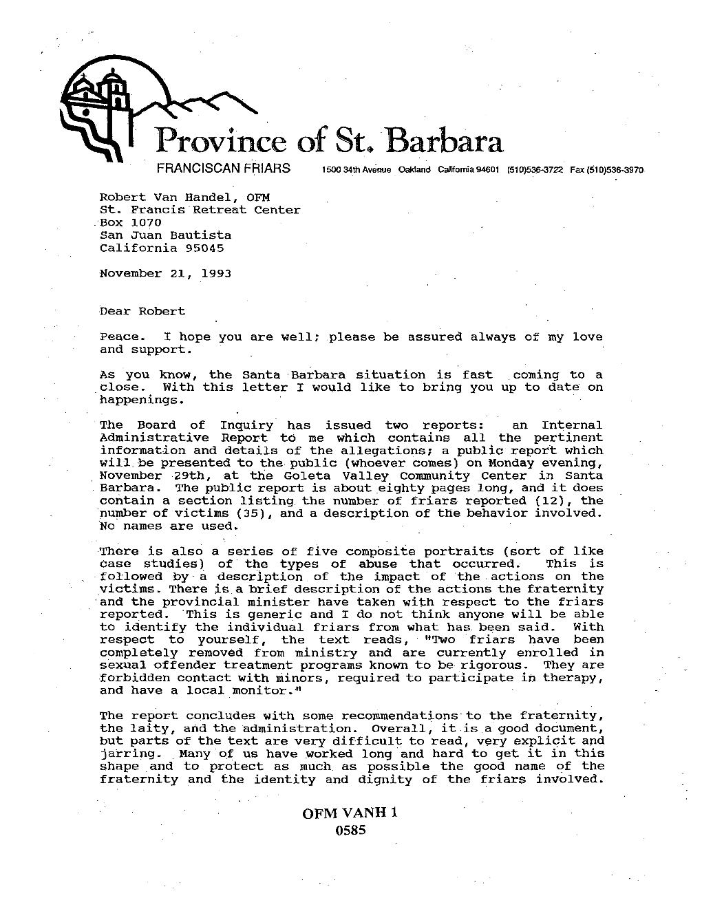 Province of St. Barbara FRANCISCAN FRIARS 150034Thav~Nue Oatdana California94601 (510)536-3722 Fax{510)536-3970