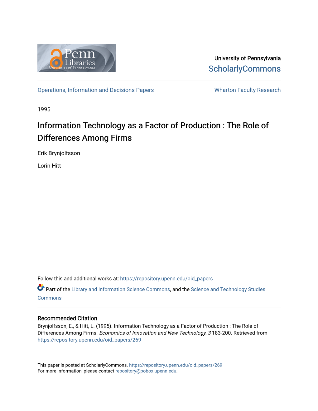 Information Technology As a Factor of Production : the Role of Differences Among Firms