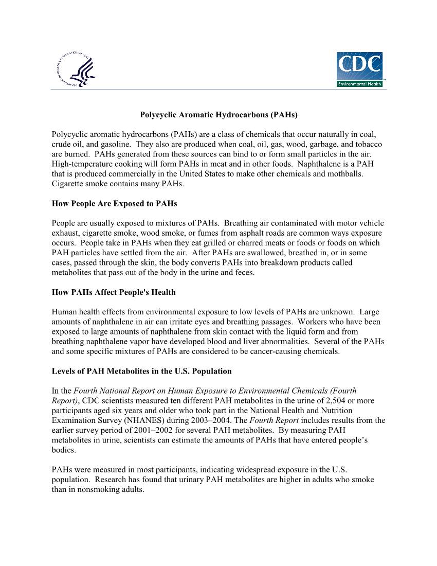 Polycyclic Aromatic Hydrocarbons (Pahs) Fact Sheet